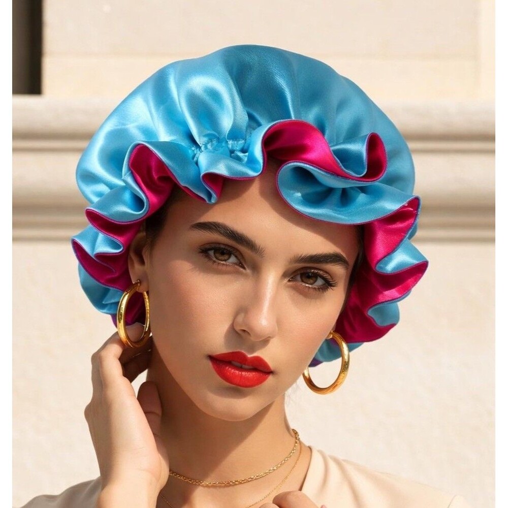 Reversible Satin Sleep Bonnet Hat – Blue & Pink – Extra Large, Elastic Fit